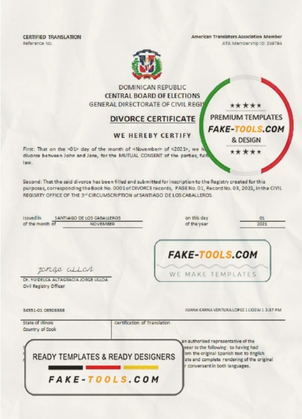 Dominican Republic divorce certificate template in Word format
