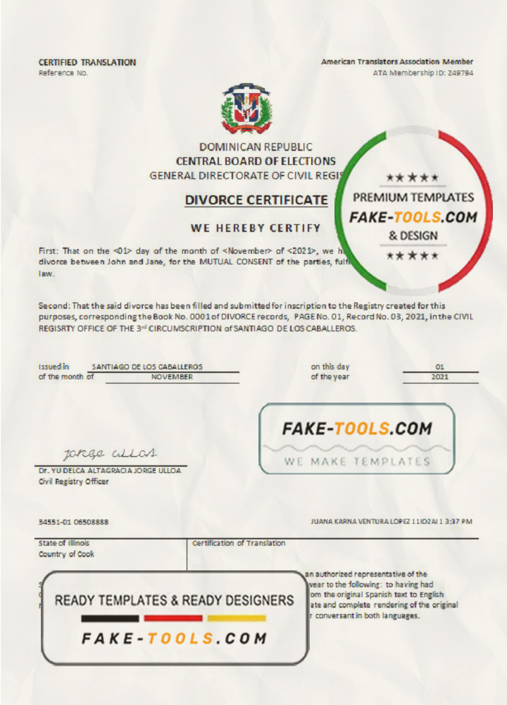 Dominican Republic divorce certificate template in Word format scan effect