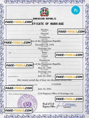 Dominican Republic marriage certificate PSD template, fully editable