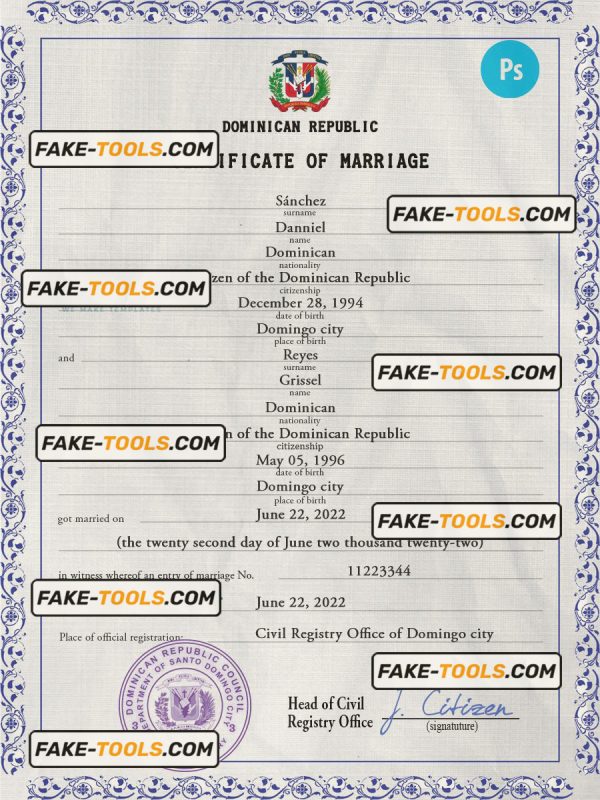 Dominican Republic marriage certificate PSD template, fully editable
