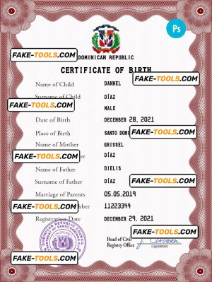 Dominican Republic vital record birth certificate PSD template, completely editable