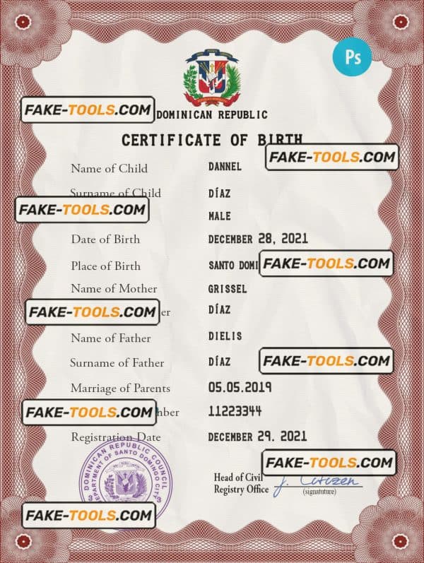 Dominican Republic vital record birth certificate PSD template, completely editable