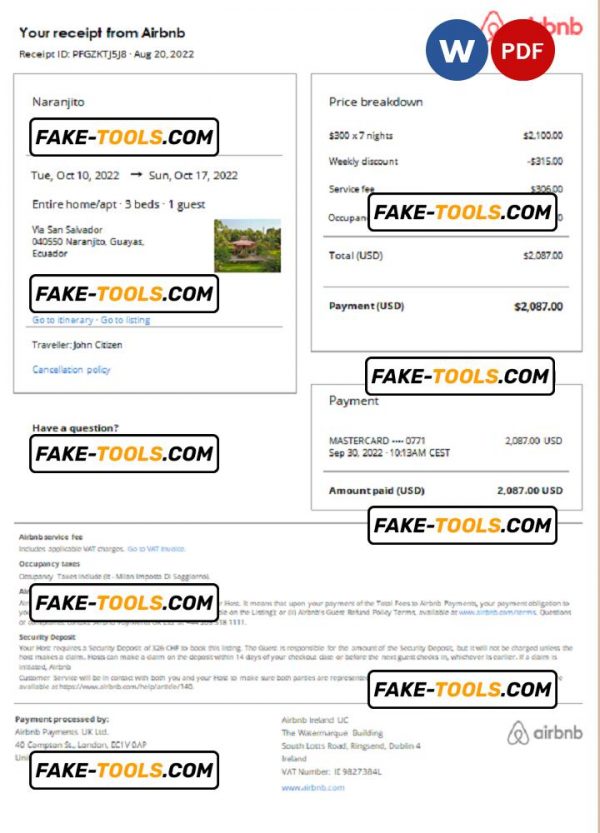 Ecuador Airbnb booking confirmation Word and PDF template