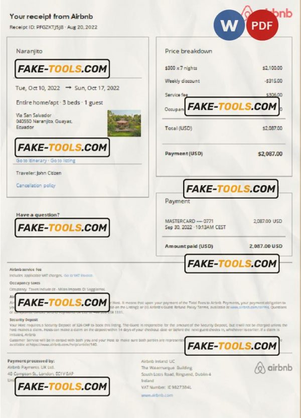 Ecuador Airbnb booking confirmation Word and PDF template Scan effect