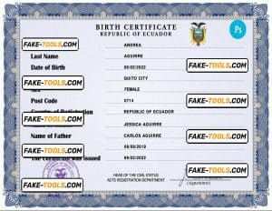 Ecuador birth certificate PSD template, completely editable