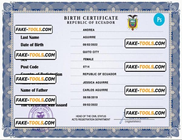 Ecuador birth certificate PSD template, completely editable