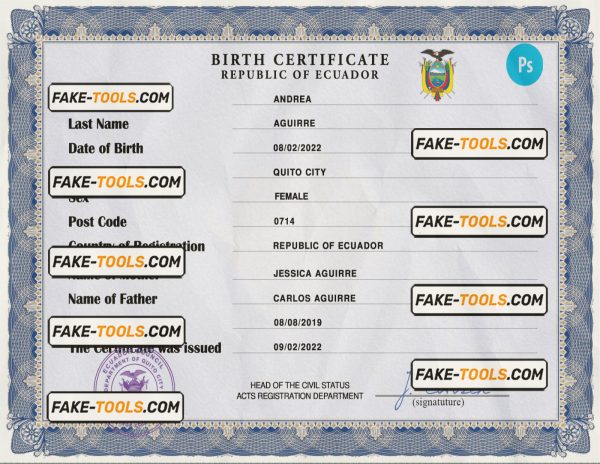 Ecuador birth certificate PSD template, completely editable