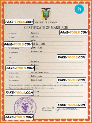 Ecuador marriage certificate PSD template, completely editable