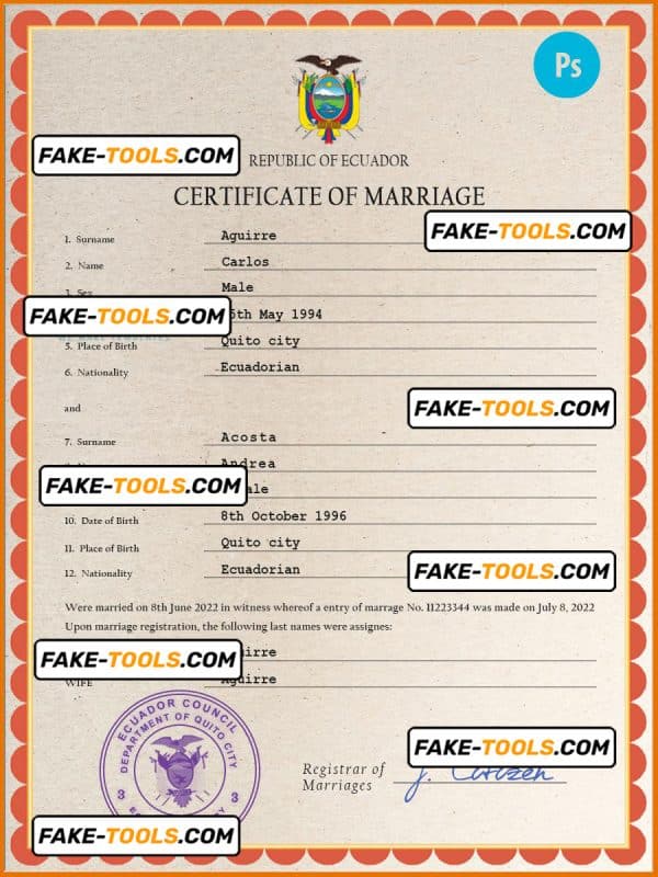 Ecuador marriage certificate PSD template, completely editable