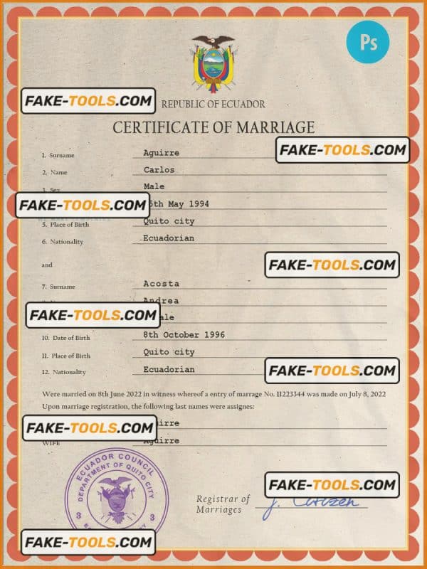 Ecuador marriage certificate PSD template, completely editable