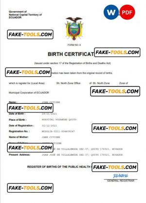 Ecuador vital record birth certificate Word and PDF template, completely editable