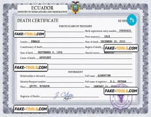 Ecuador vital record death certificate PSD template, completely editable