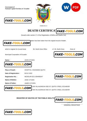 Ecuador vital record death certificate Word and PDF template