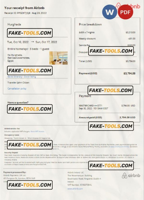 Egypt Airbnb booking confirmation Word and PDF template Scan effect