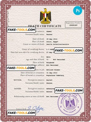 Egypt death certificate PSD template, completely editable