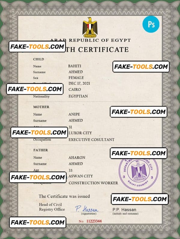 Egypt vital record birth certificate PSD template, fully editable