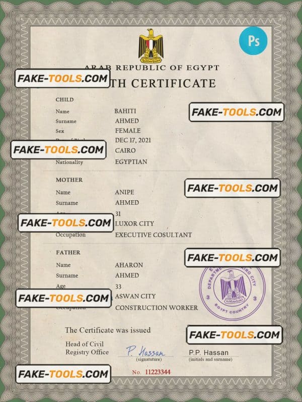 Egypt vital record birth certificate PSD template, fully editable