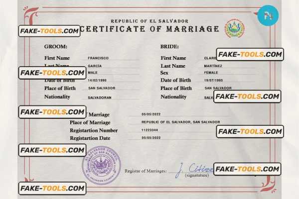 El Salvador marriage certificate PSD template, completely editable