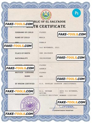 El Salvador vital record birth certificate PSD template, completely editable