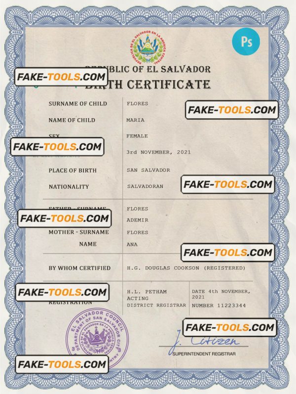 El Salvador vital record birth certificate PSD template, completely editable