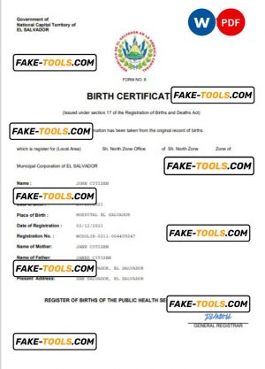 El Salvador vital record birth certificate Word and PDF template, completely editable