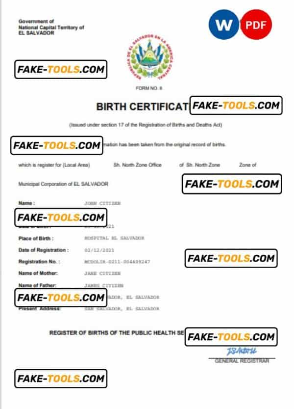 El Salvador vital record birth certificate Word and PDF template, completely editable