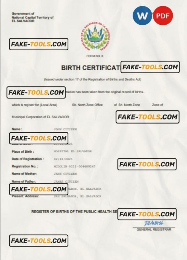 El Salvador vital record birth certificate Word and PDF template, completely editable