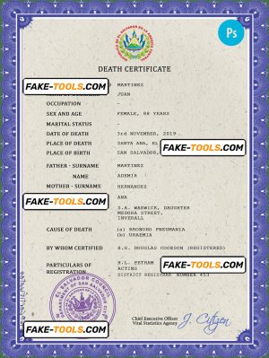 El Salvador vital record death certificate PSD template