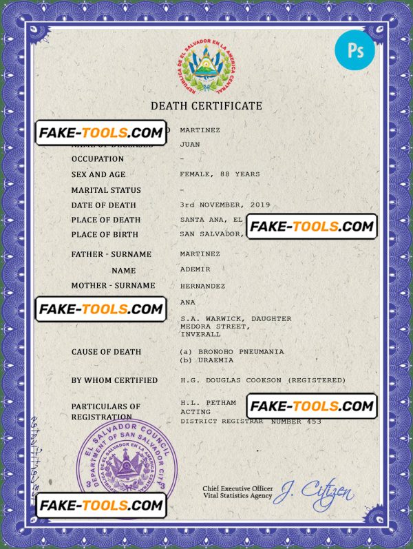 El Salvador vital record death certificate PSD template