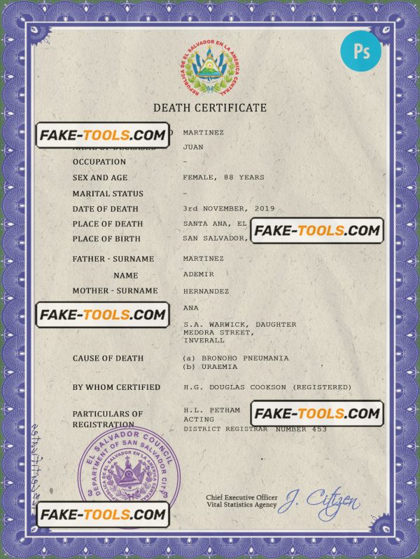 El Salvador vital record death certificate PSD template