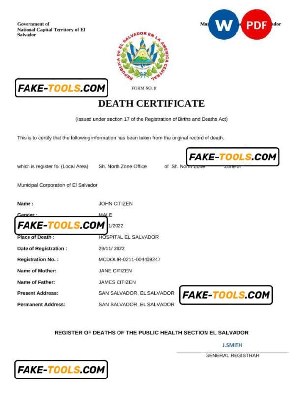 El Salvador vital record death certificate Word and PDF template