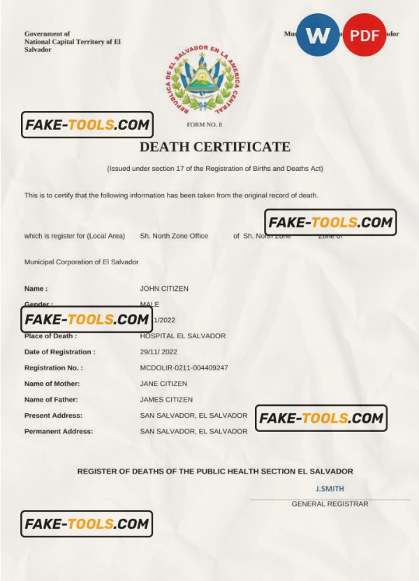 El Salvador vital record death certificate Word and PDF template