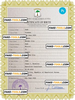 Equatorial Guinea birth certificate PSD template, completely editable