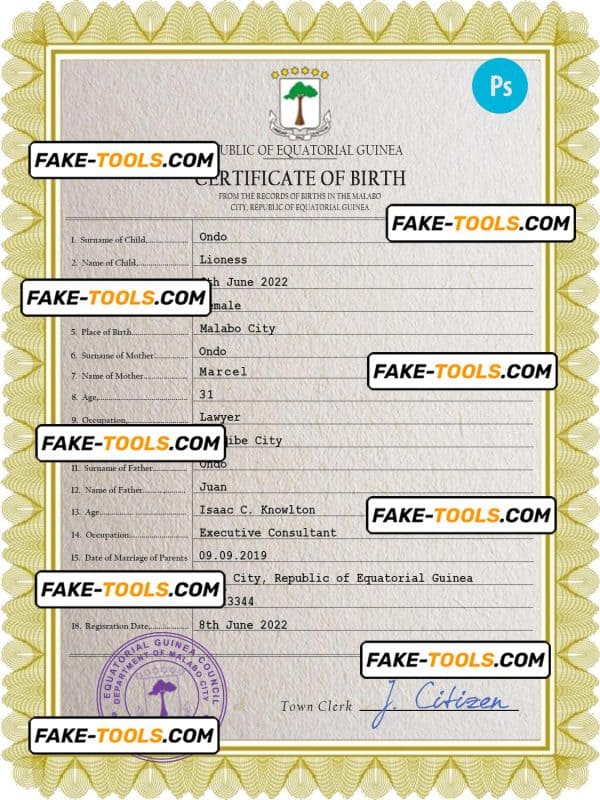 Equatorial Guinea birth certificate PSD template, completely editable