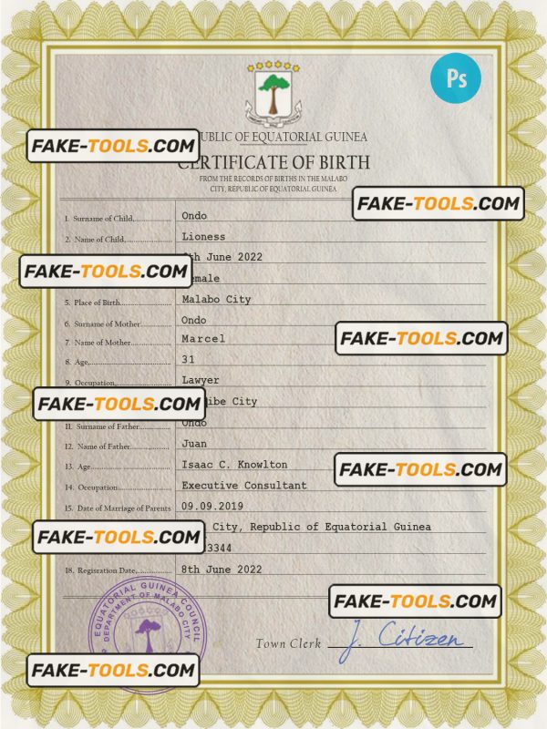 Equatorial Guinea birth certificate PSD template, completely editable