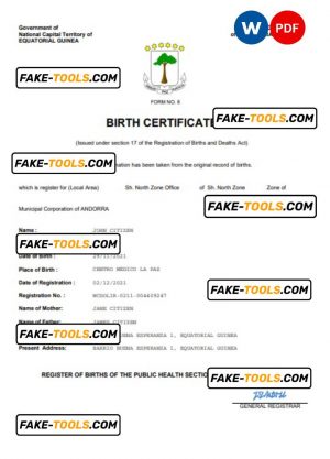 Equatorial Guinea birth certificate Word and PDF template, completely editable