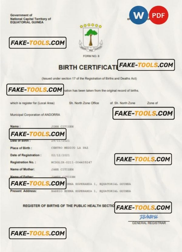 Equatorial Guinea birth certificate Word and PDF template, completely editable