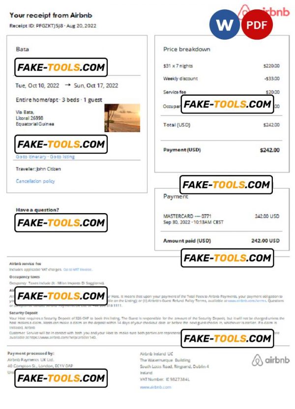 Equatorial Guinea booking Airbnb confirmation Word and PDF template