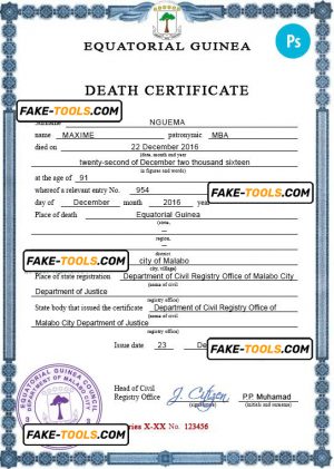 Equatorial Guinea death certificate PSD template, completely editable