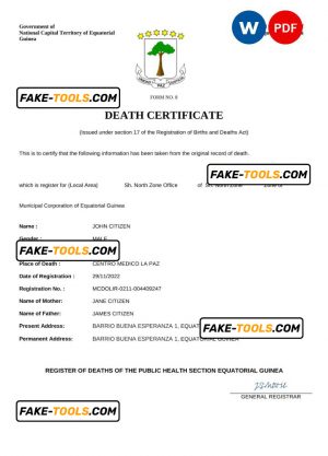 Equatorial Guinea death certificate Word and PDF template, completely editable