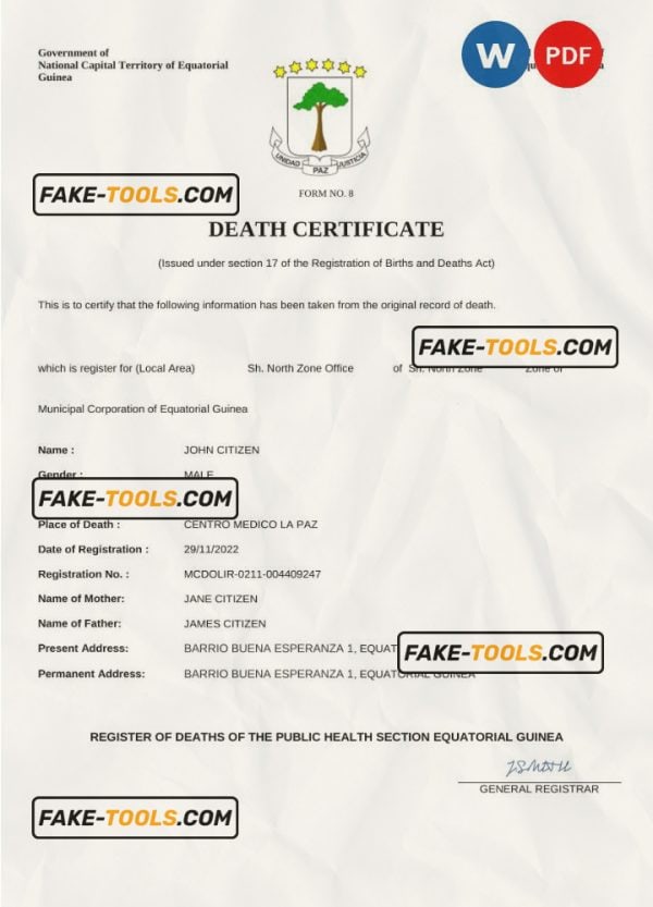 Equatorial Guinea death certificate Word and PDF template, completely editable