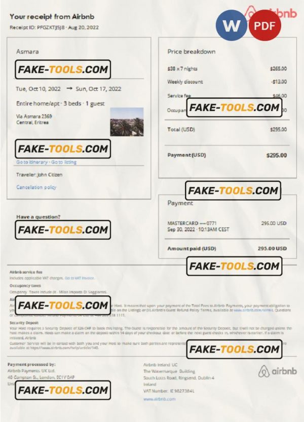 Eritrea Airbnb booking confirmation Word and PDF template Scan effect