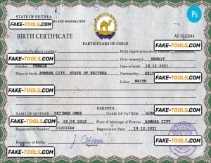 Eritrea vital record birth certificate PSD template, fully editable
