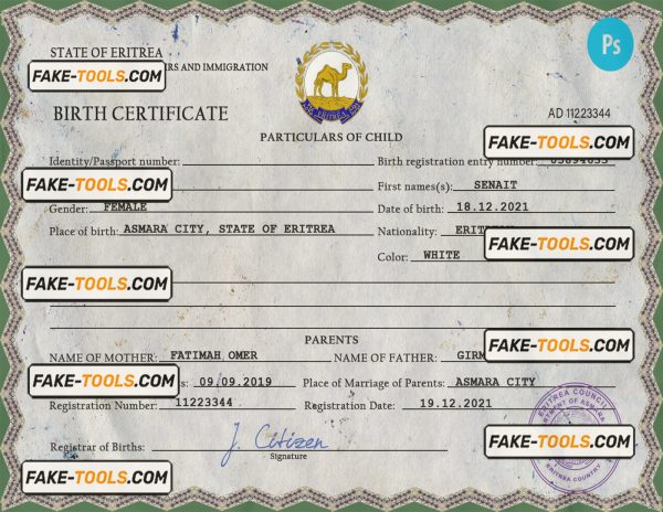 Eritrea vital record birth certificate PSD template, fully editable