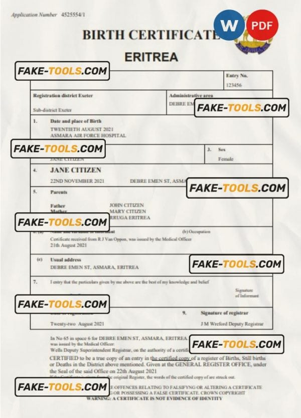 Eritrea vital record birth certificate Word and PDF template, completely editable