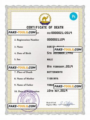 Eritrea vital record death certificate PSD template, fully editable