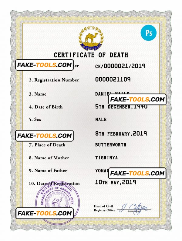 Eritrea vital record death certificate PSD template, fully editable