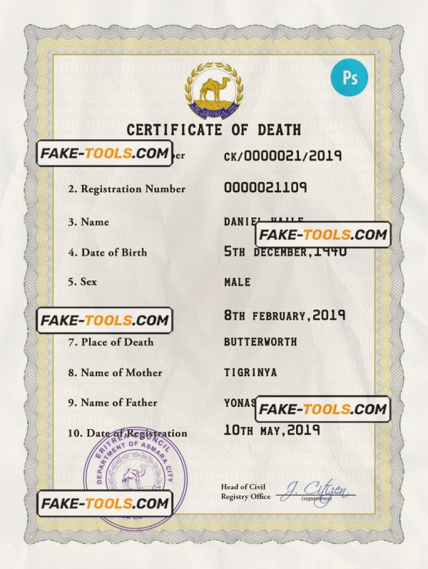 Eritrea vital record death certificate PSD template, fully editable