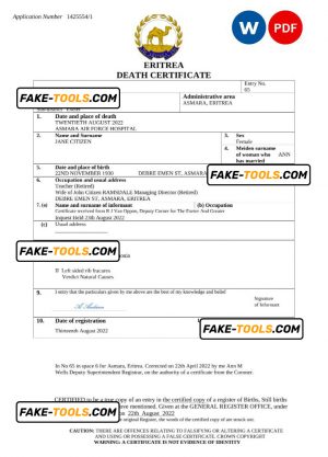 Eritrea vital record death certificate Word and PDF template
