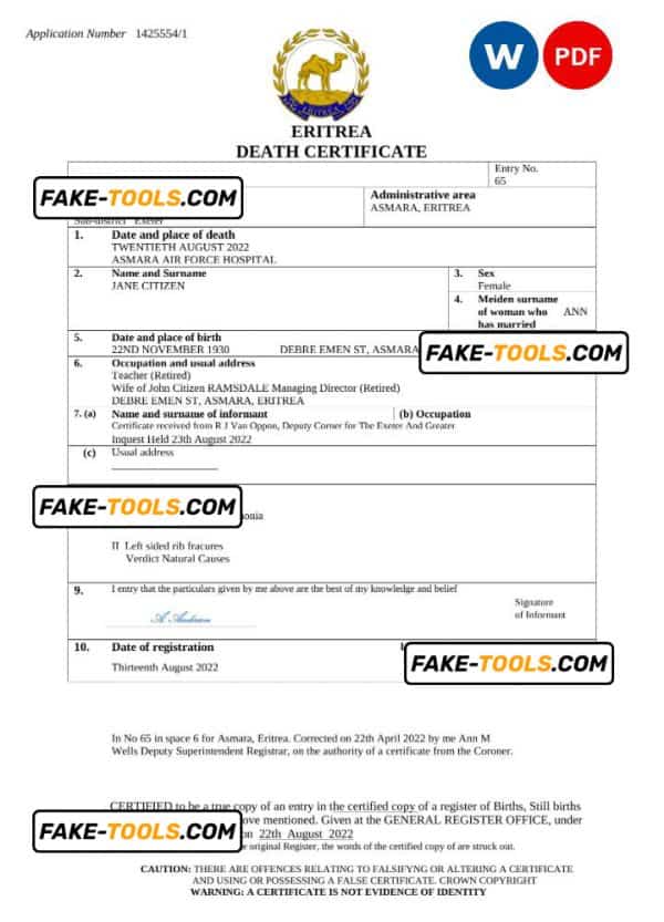 Eritrea vital record death certificate Word and PDF template